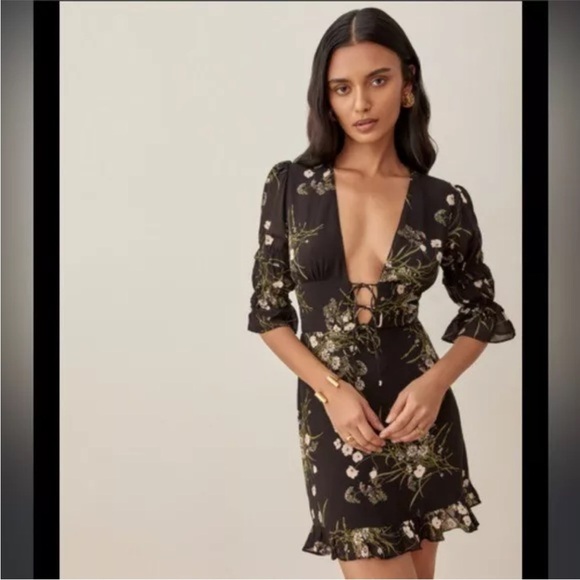 NWOT Reformation Lauralei Black Ruffled Puff Sleeve Veuve Floral Mini Dress 4 XS - Picture 11 of 13